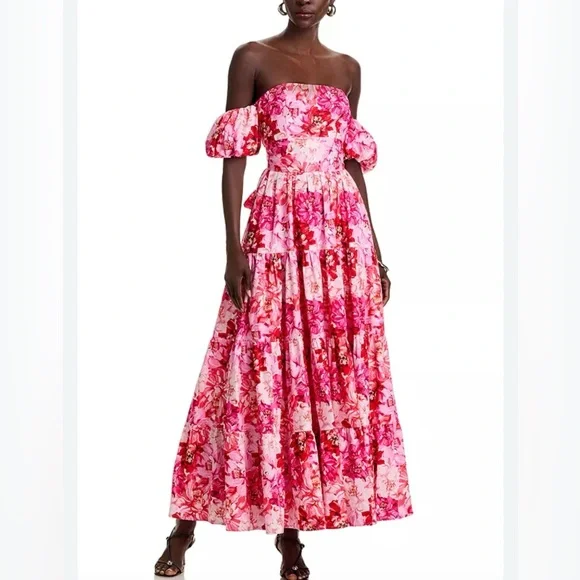 Aqua Strapless Floral Off the Shoulder Maxi Dress in Pink and Red - Picture 1 of 7